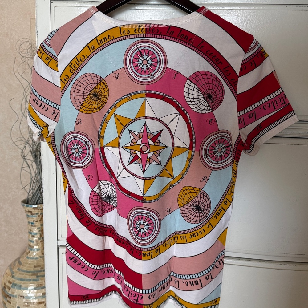 Tory Burch Compass Print T Shirt S Pinks Red 100 % cotton vguc - Picture 10 of 12